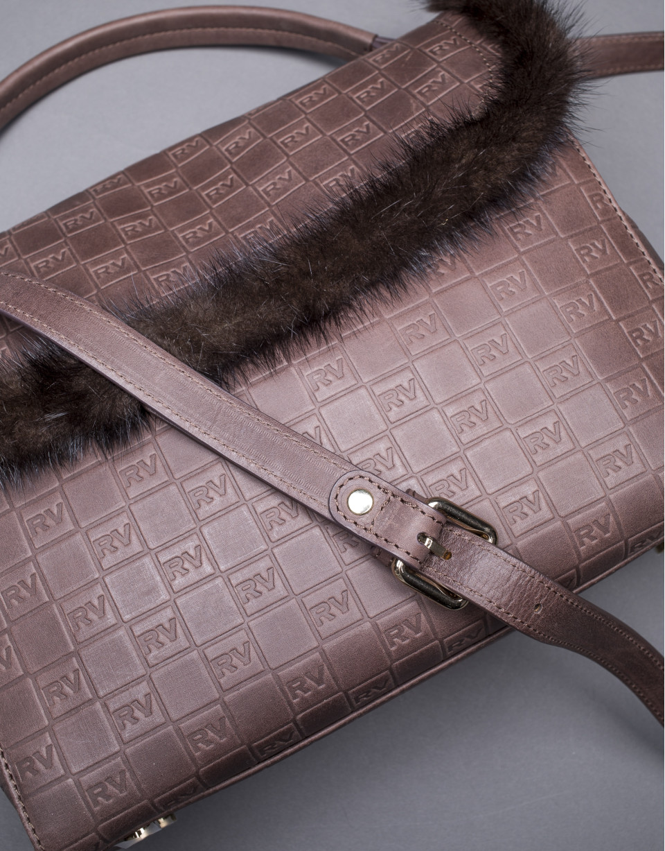 Brown leather Vivian bag with mink trimming and embossed RV 