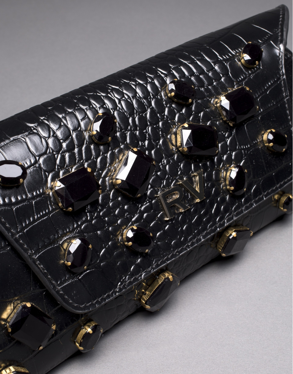 Black leather Bella bag with embossed alligator and jet fantasy stones 