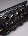 Black leather Bella bag with embossed alligator and jet fantasy stones 