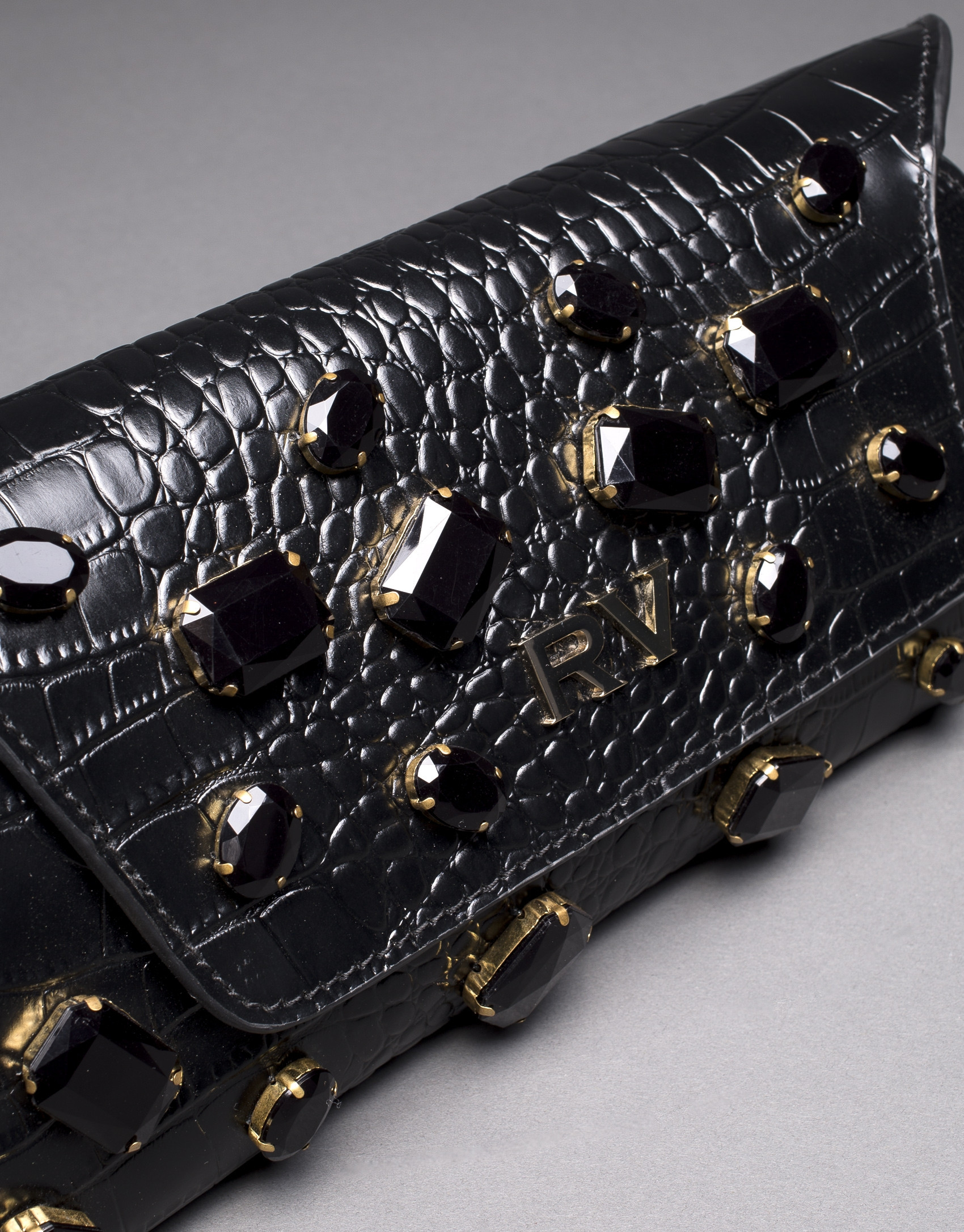 Black leather Bella bag with embossed alligator and jet fantasy stones 