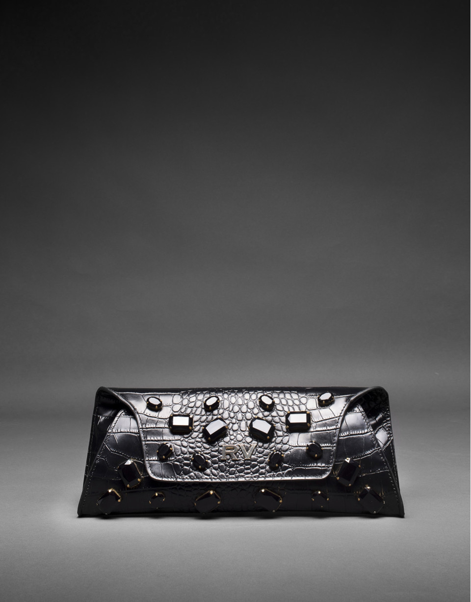 Black leather Bella bag with embossed alligator and jet fantasy stones 