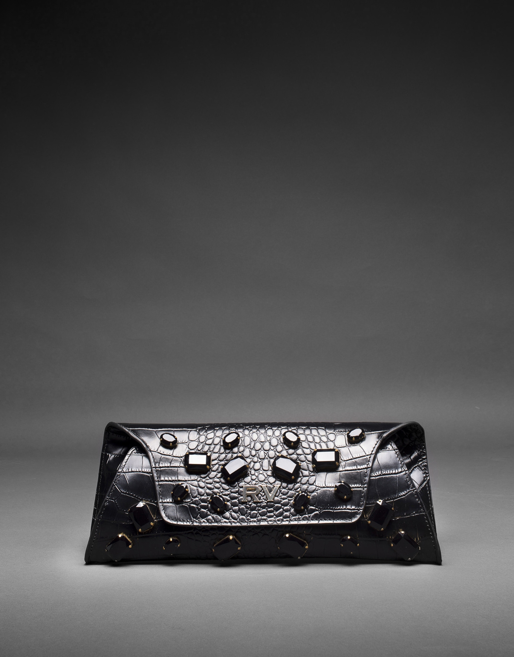 Black leather Bella bag with embossed alligator and jet fantasy stones 