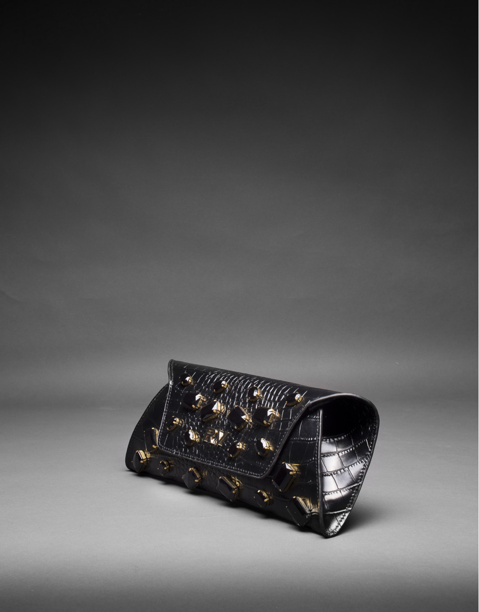 Black leather Bella bag with embossed alligator and jet fantasy stones 