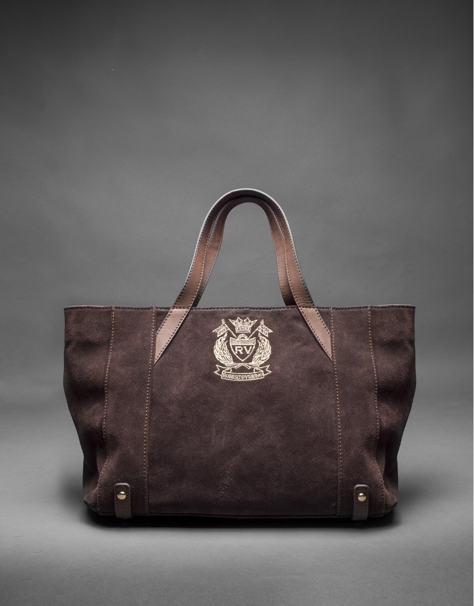 Bolso Ashton en en ante marrón y escudo RV bordado en lurex oro claro