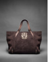 Bolso Ashton en en ante marrón y escudo RV bordado en lurex oro claro
