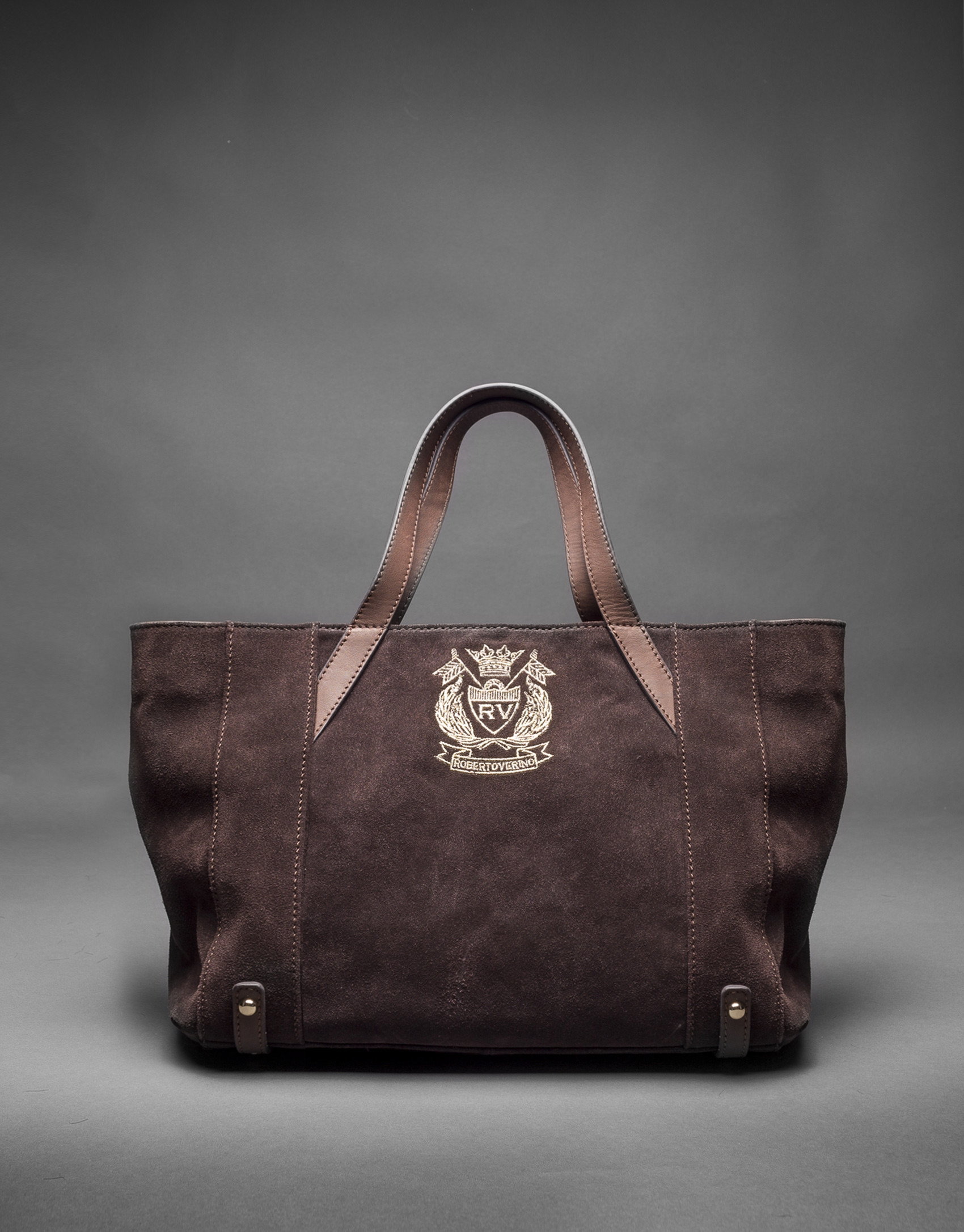 Bolso Ashton en en ante marrón y escudo RV bordado en lurex oro claro