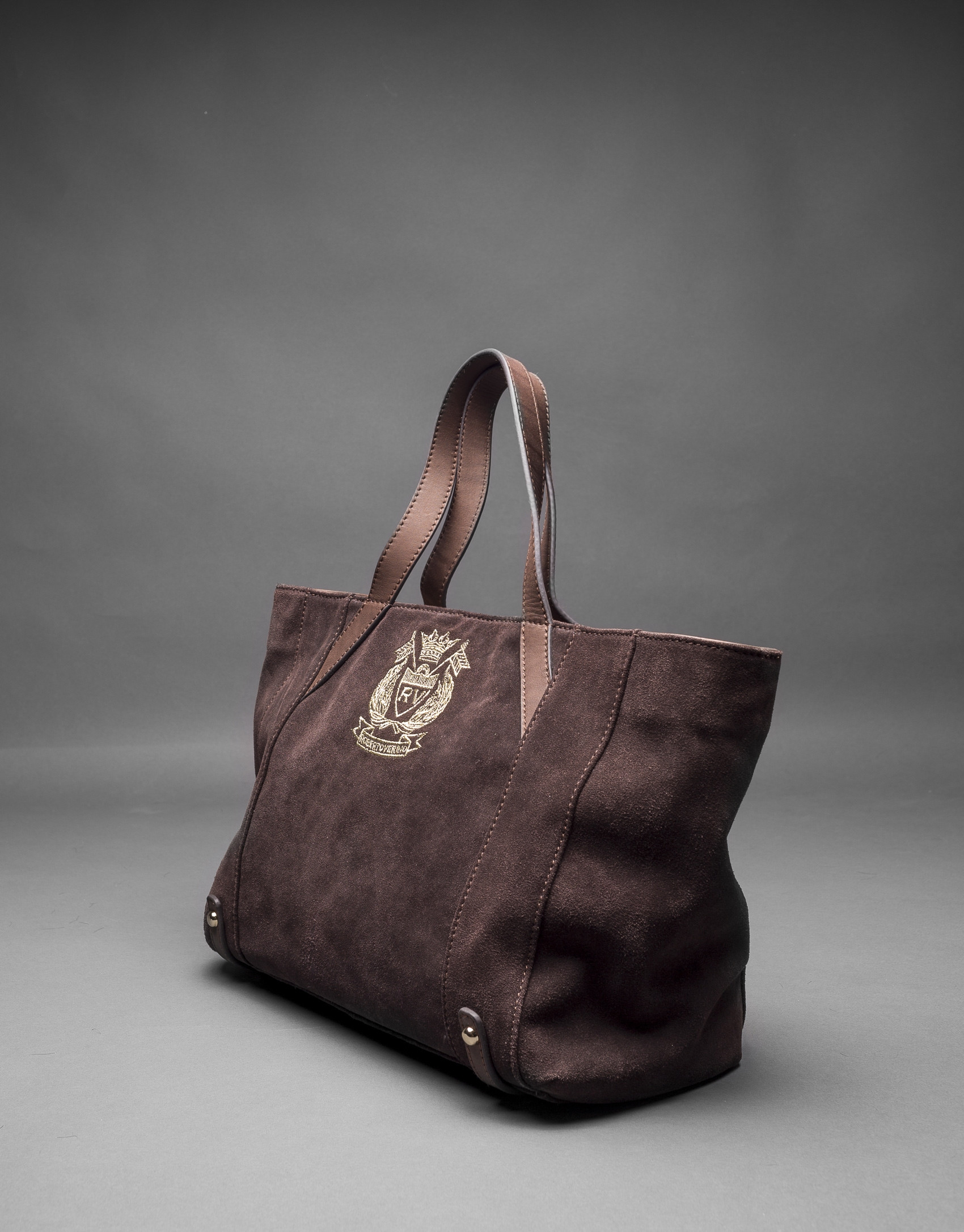 Bolso Ashton en en ante marrón y escudo RV bordado en lurex oro claro