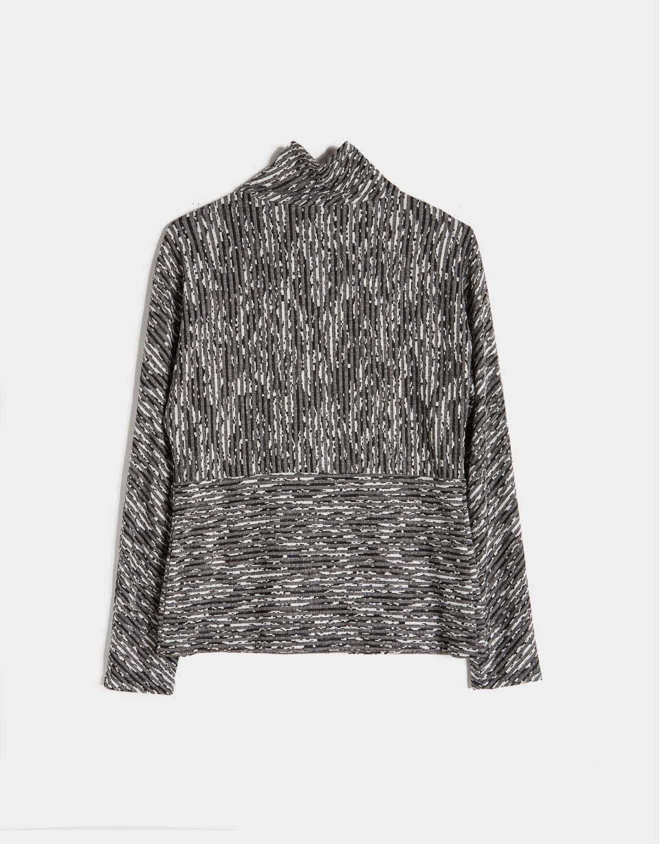 Black and gray knit top with raised collar
