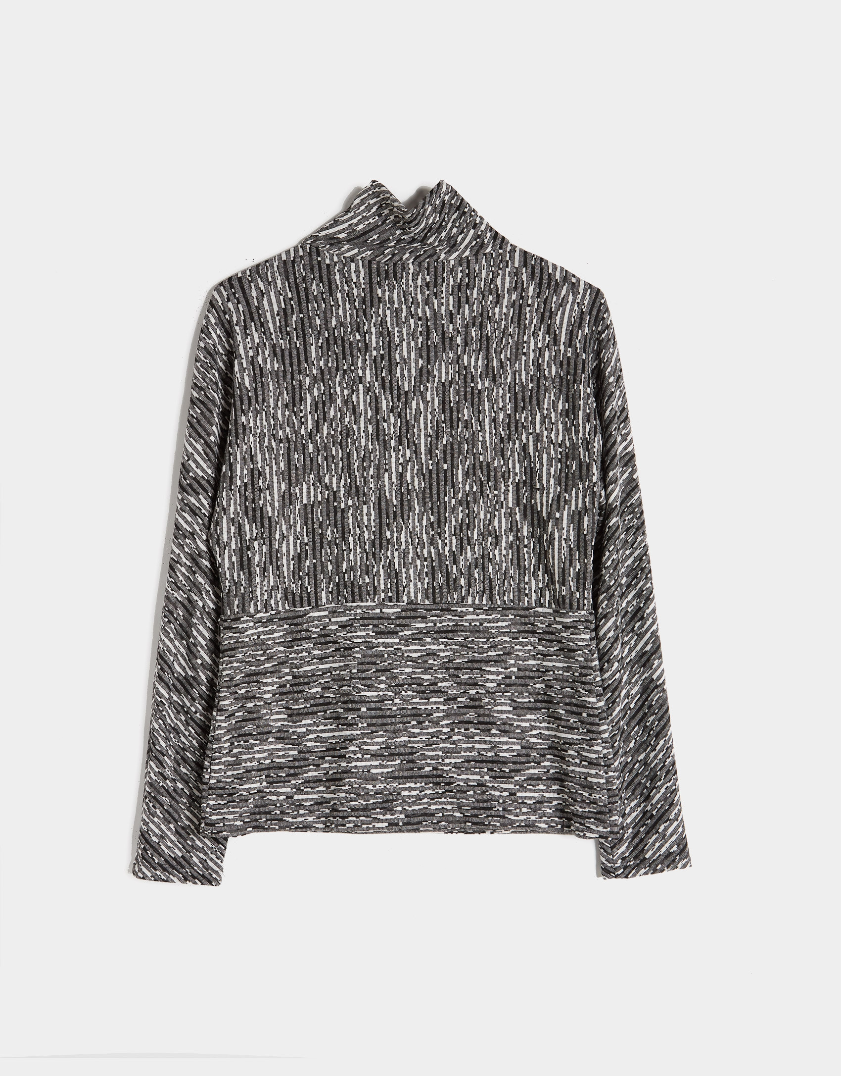 Black and gray knit top with raised collar