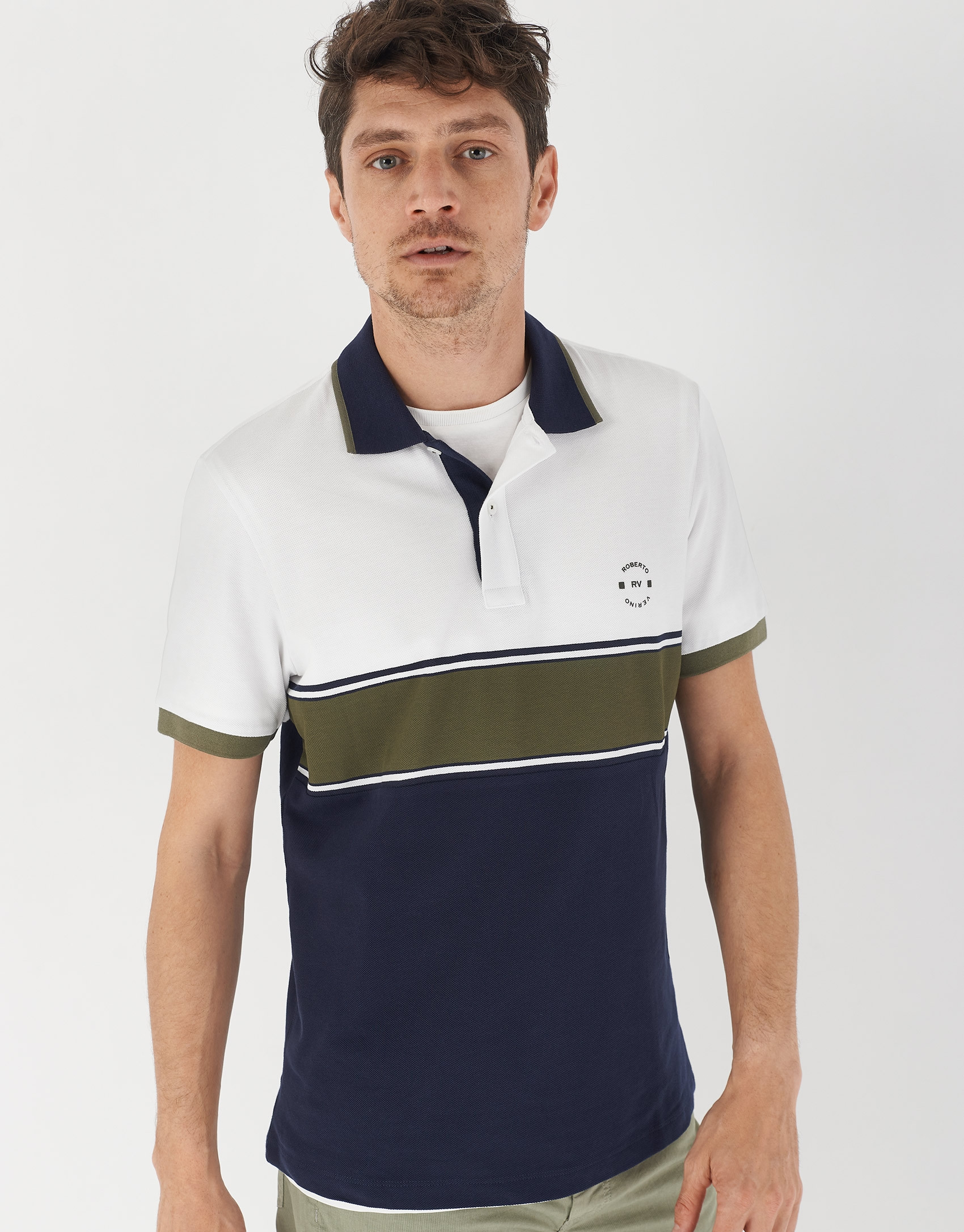 Polo color block blanco/caqui/marino - Hombre | Roberto Verino