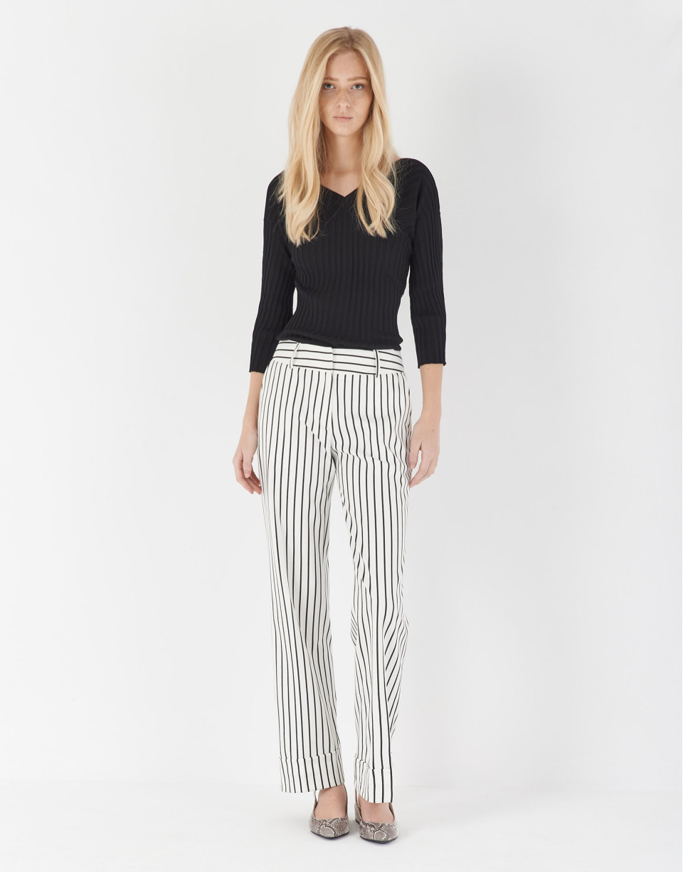 Black and white striped straight pants - Woman | Roberto Verino