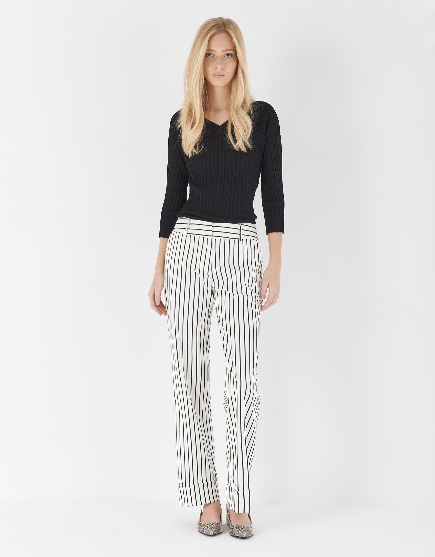 Black and white striped straight pants - Woman | Roberto Verino
