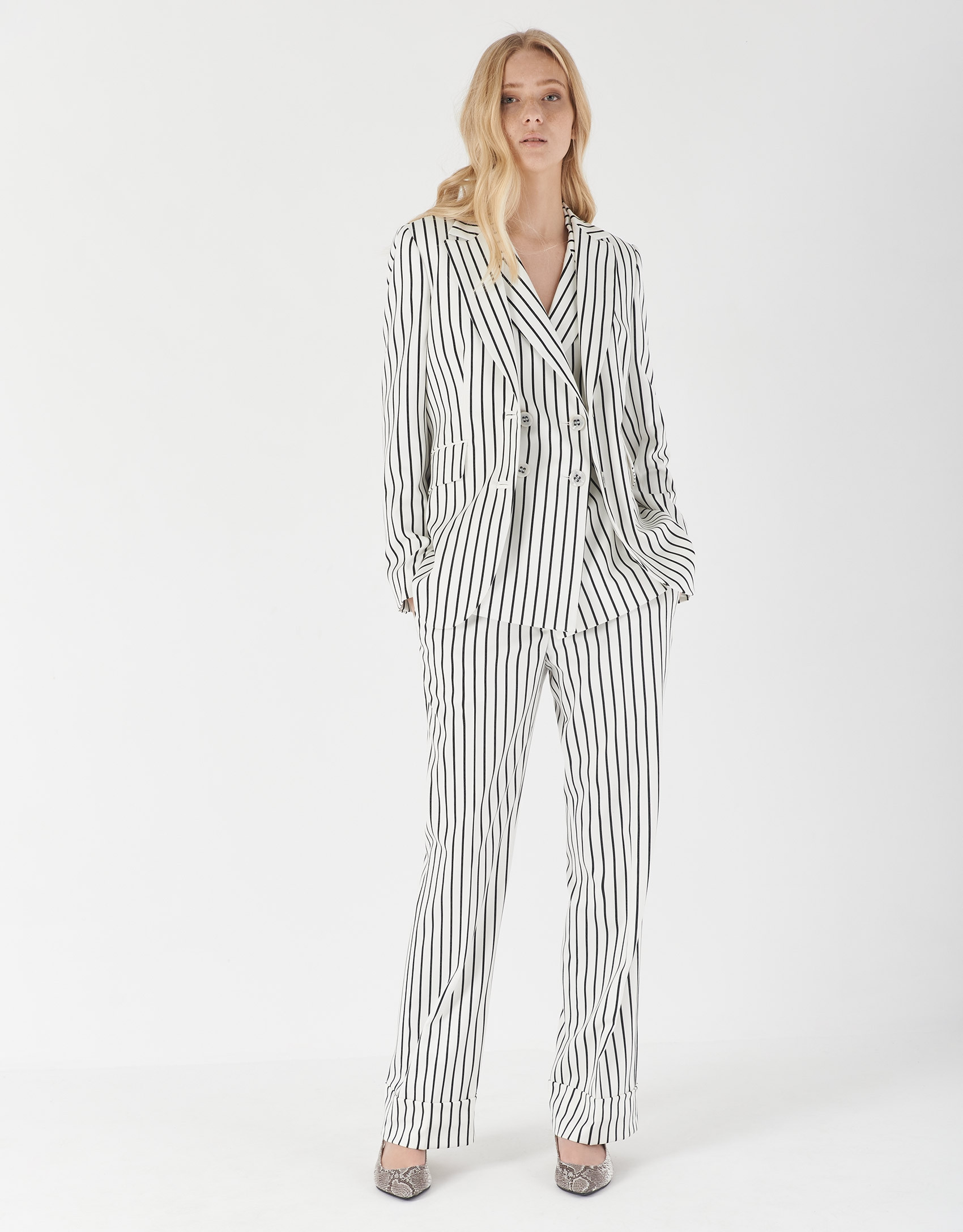 Black and white striped straight pants - Woman | Roberto Verino