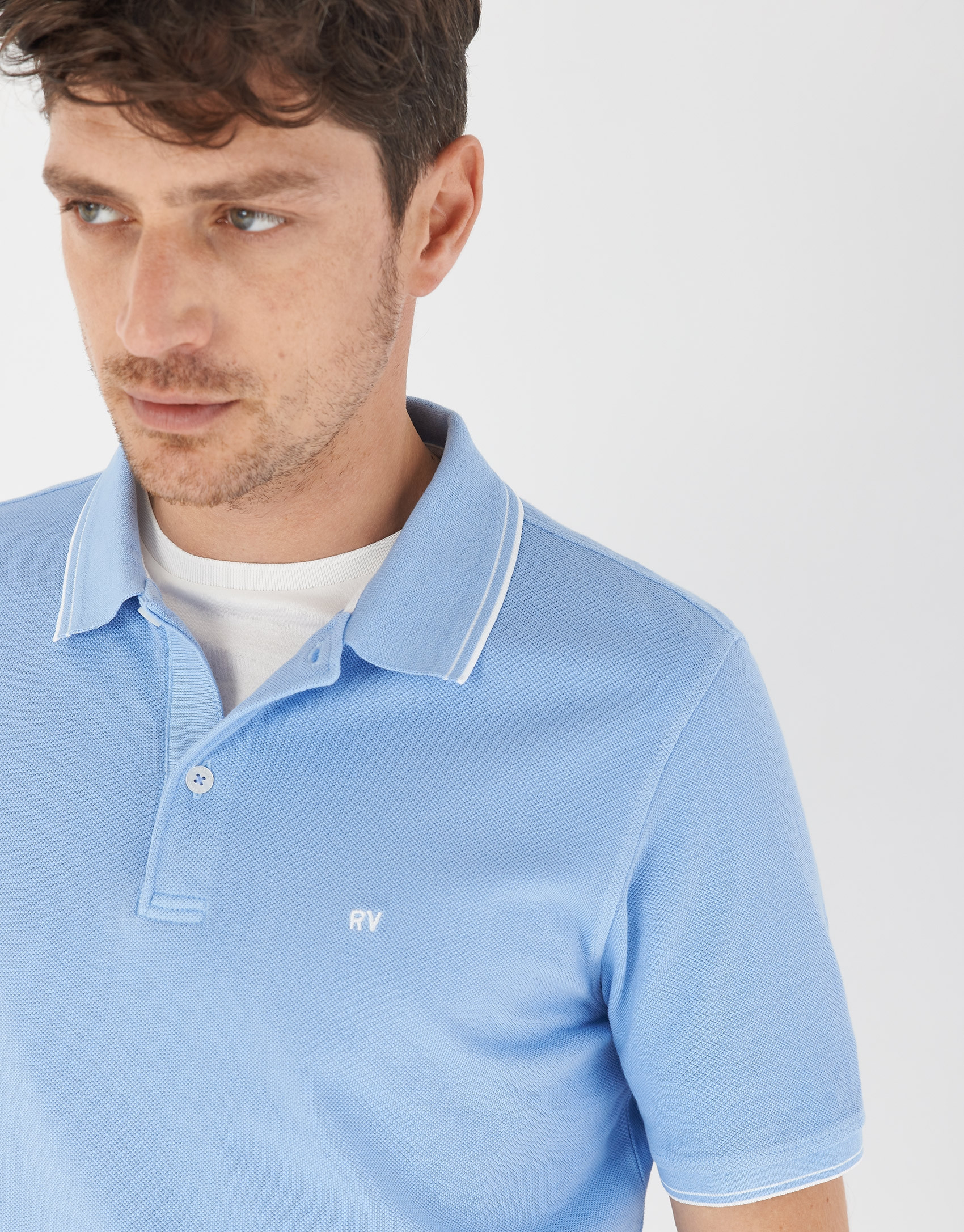 Blue pique cotton polo shirt with white outlines | Roberto Verino