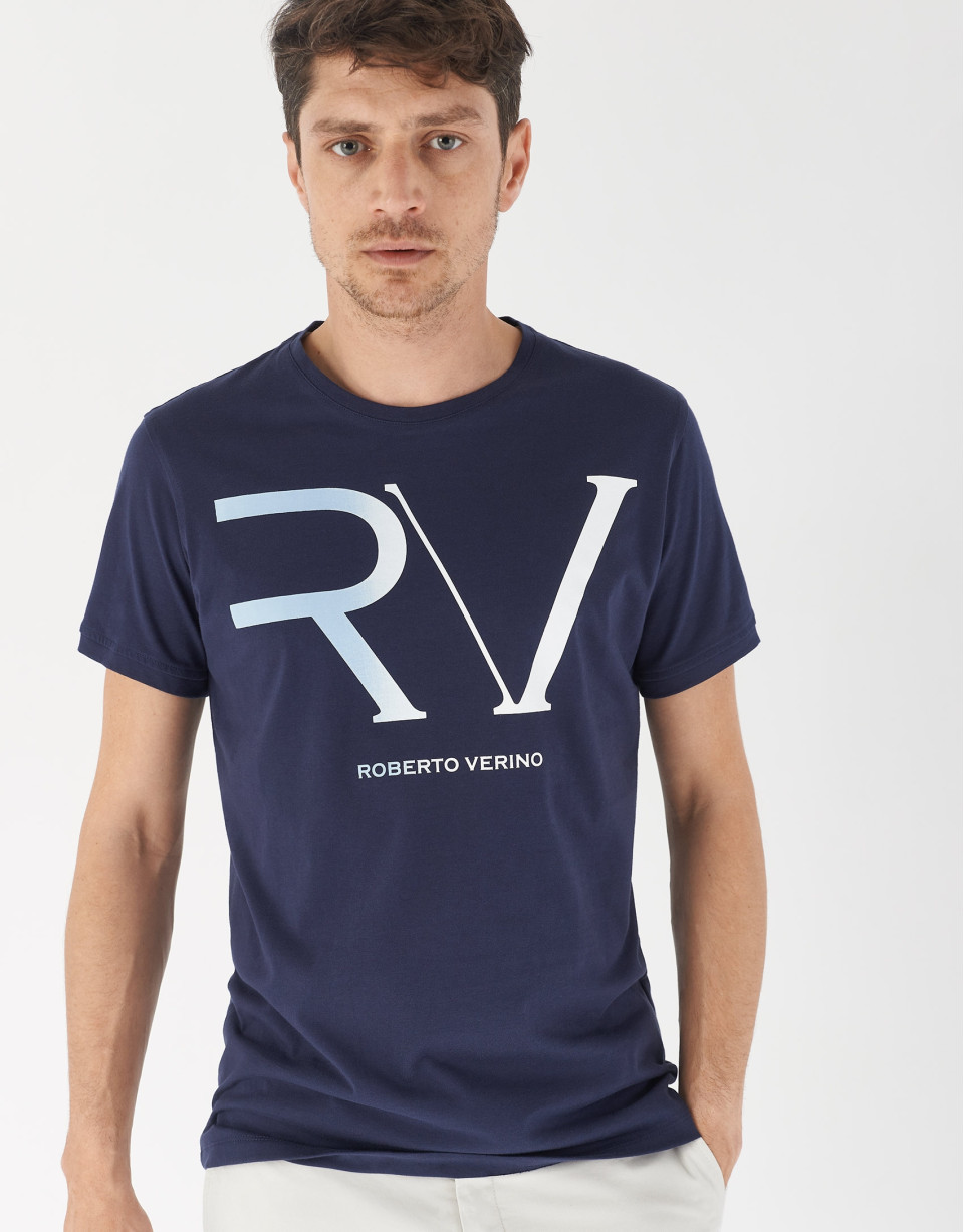 Navy blue cotton top with light blue RV logo  | Roberto Verino