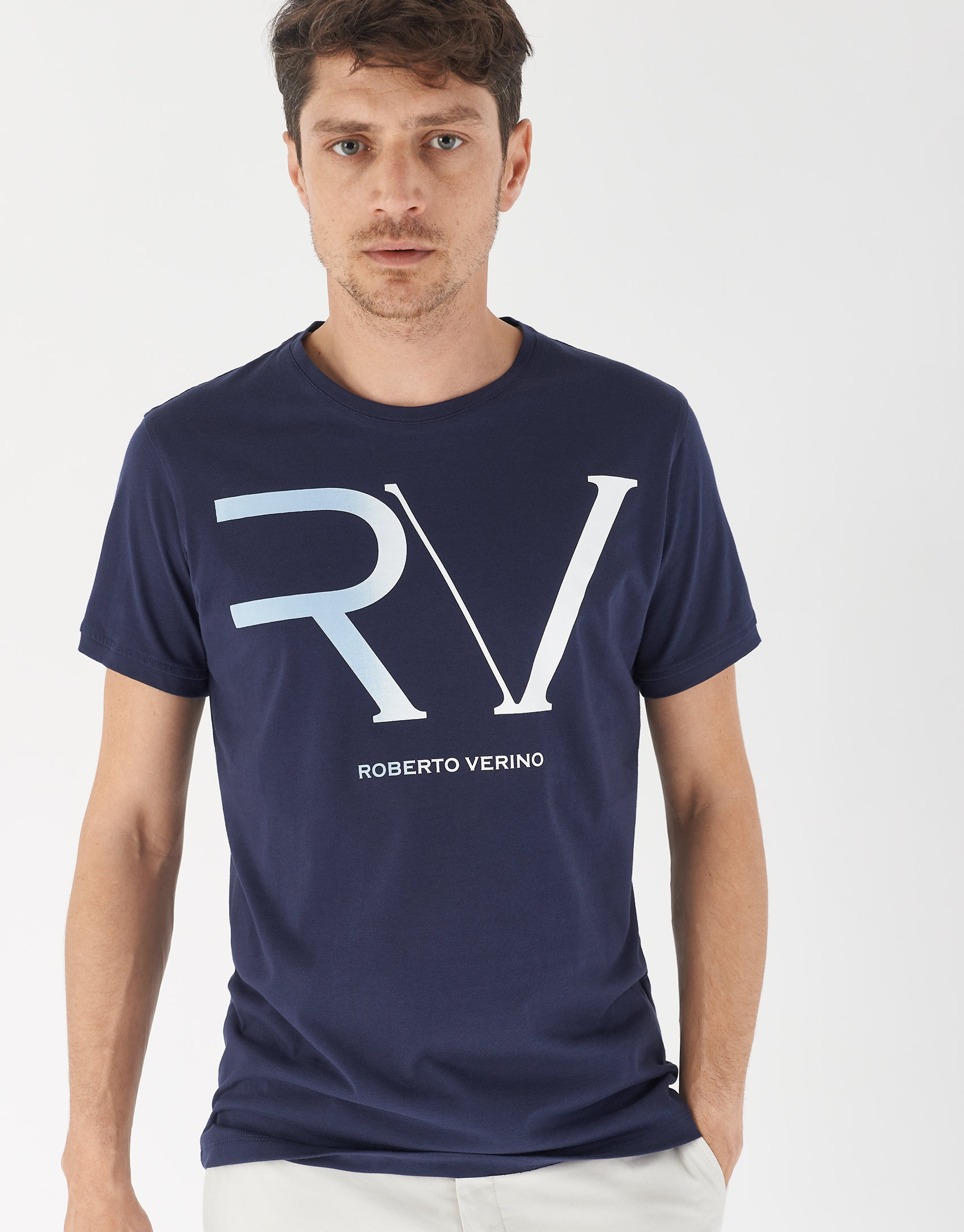 Navy blue cotton top with light blue RV logo  | Roberto Verino