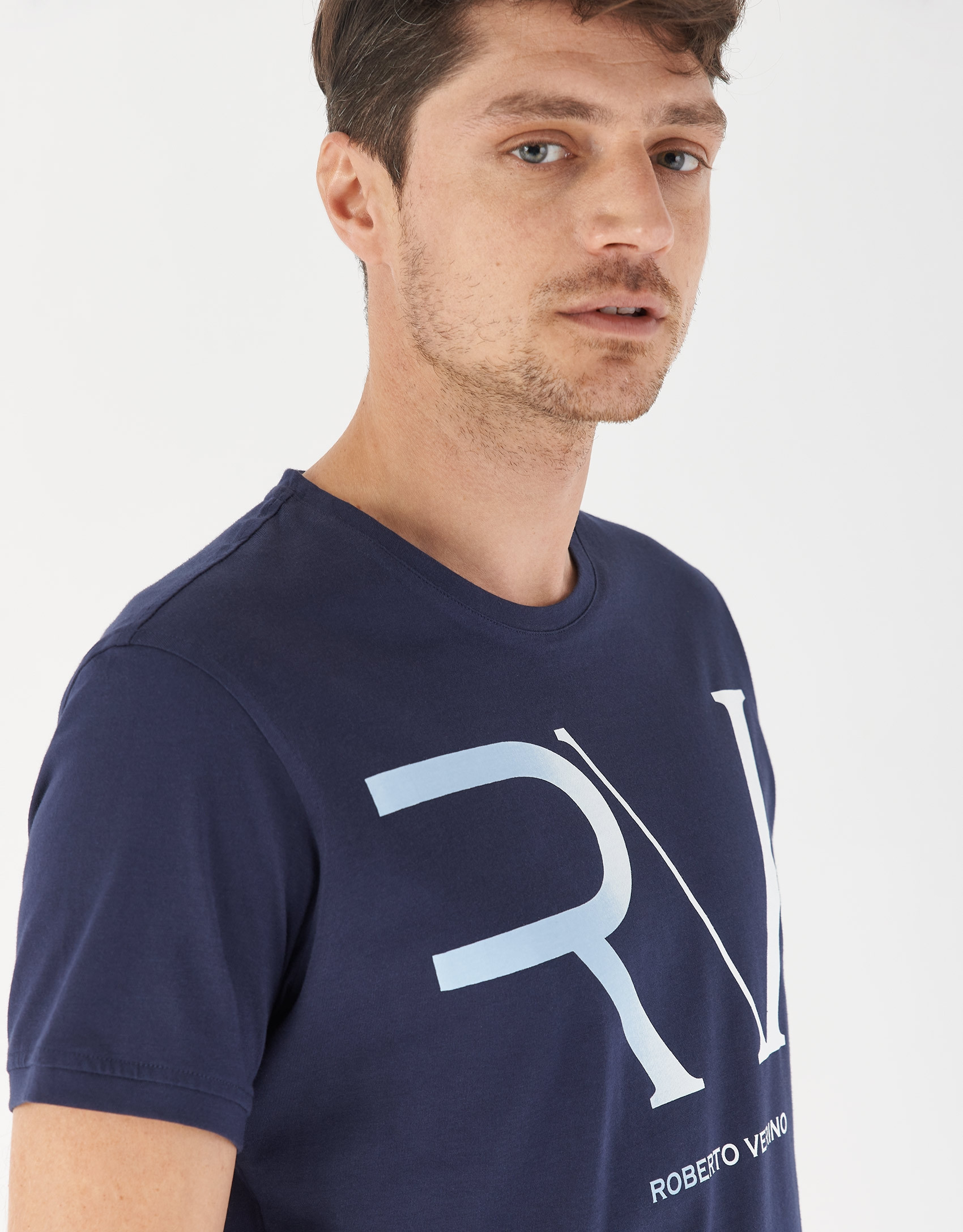 Navy blue cotton top with light blue RV logo  | Roberto Verino