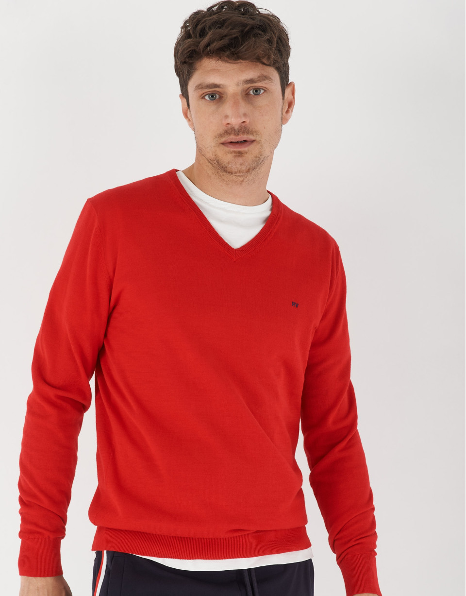 Red cotton sweater with V-neck - Man - SS2021 | Roberto Verino