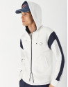 Navy blue and white plush zippered sweatshirt