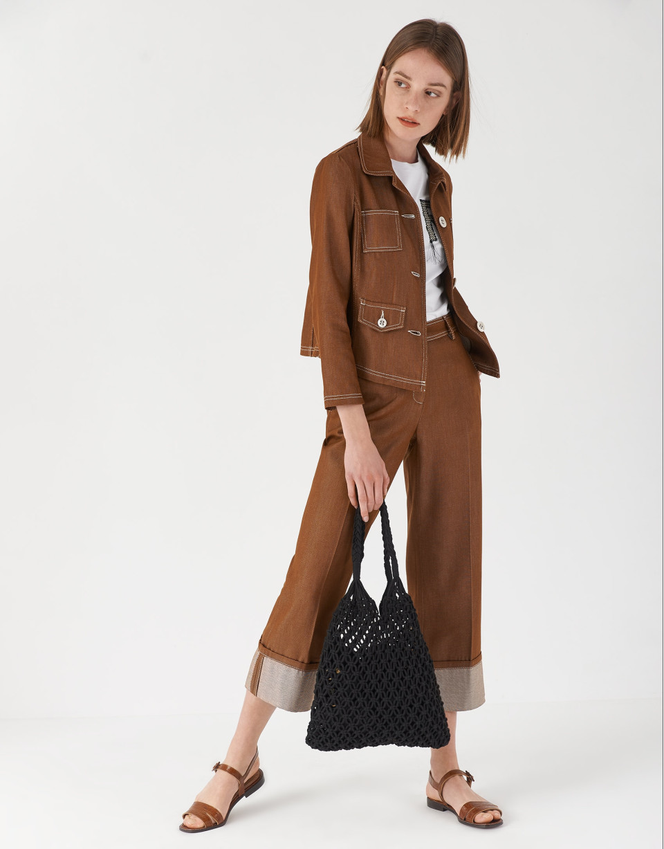 Brown high-waisted pants with turned up cuffs | Roberto Verino