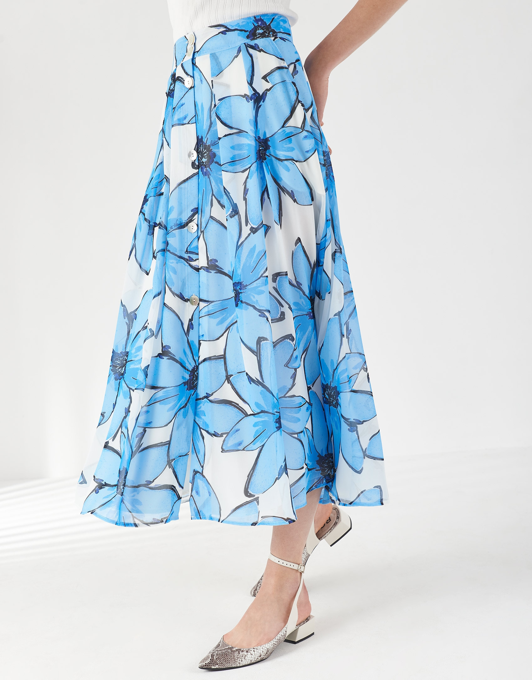 Blue floral print skirt with flounce - Woman | Roberto Verino