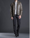 Khaki leather Bomber jacket with pockets