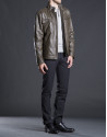 Khaki leather Bomber jacket with pockets