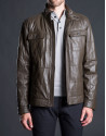 Khaki leather Bomber jacket with pockets