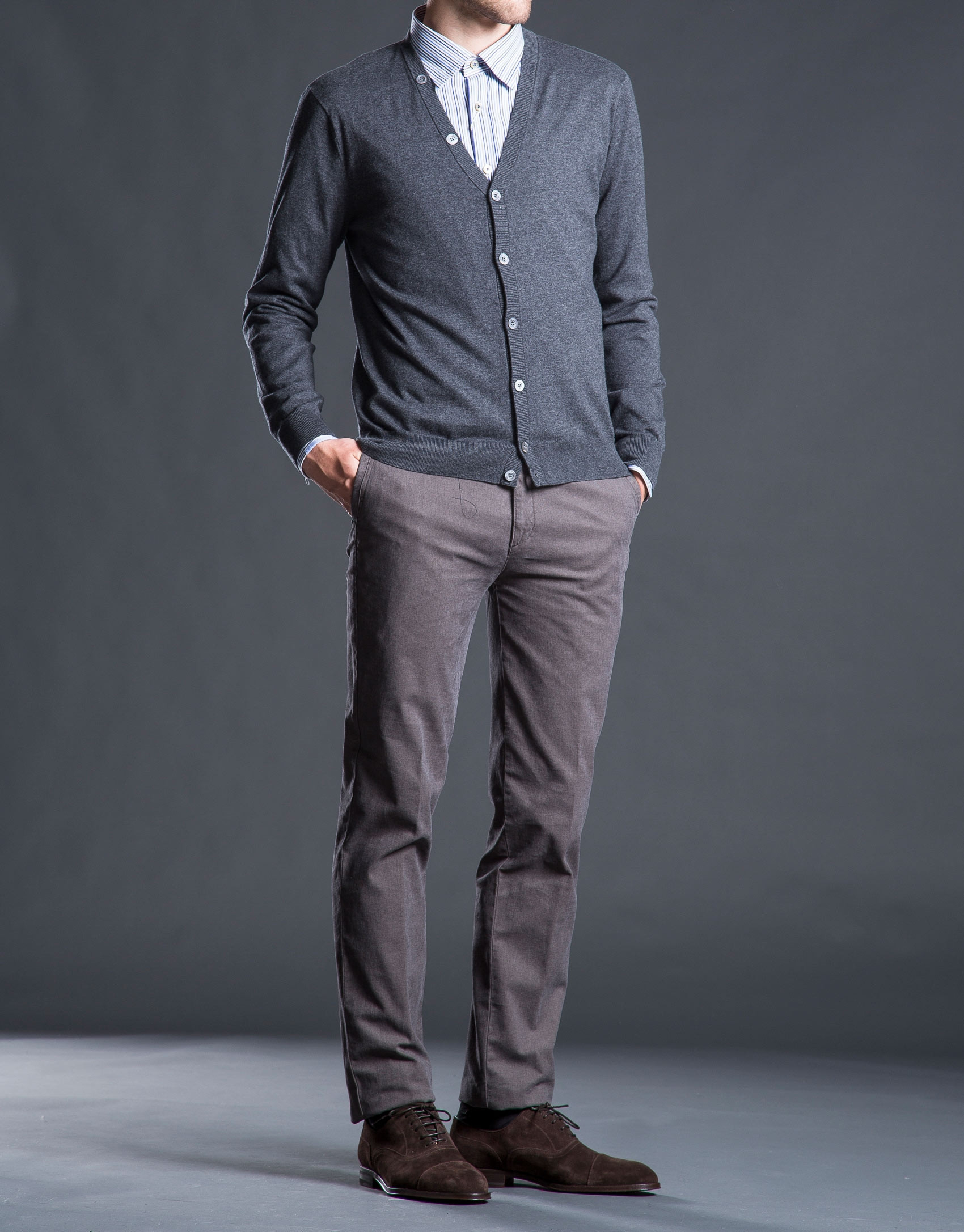 Gray knit cardigan with elbow patches