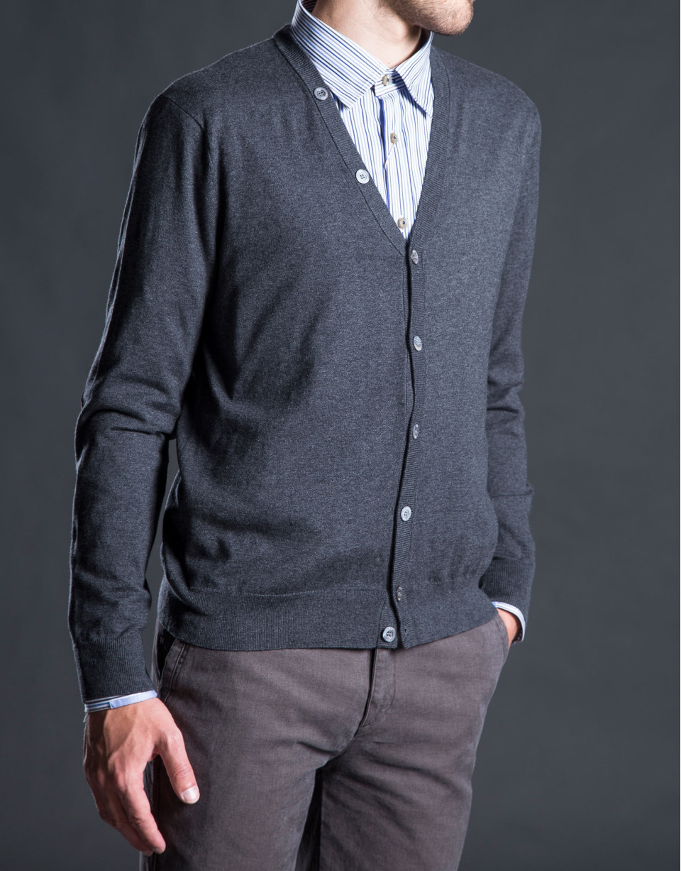 Gray knit cardigan with elbow patches
