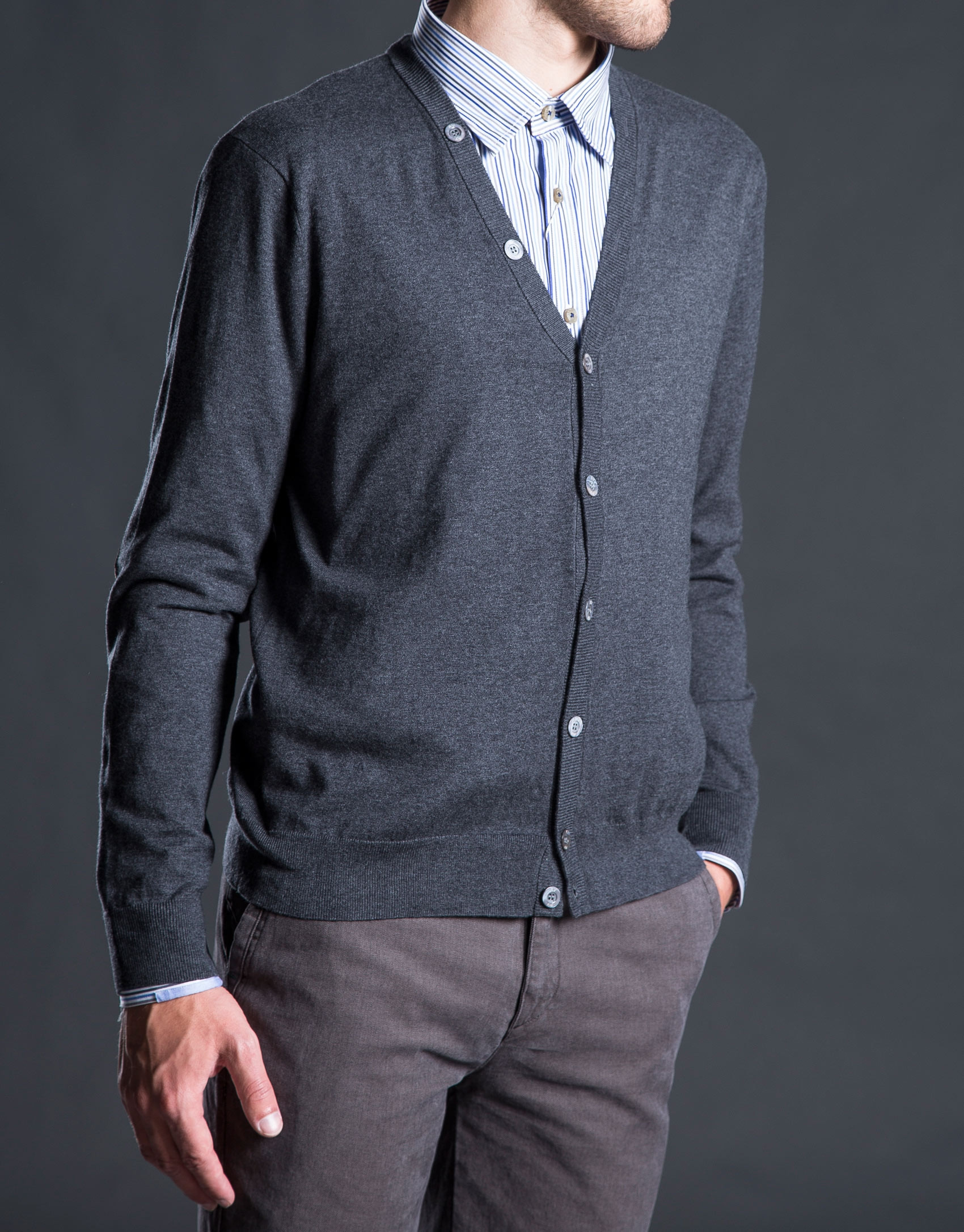 Gray knit cardigan with elbow patches