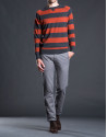 Gray and orange striped knit sweater with elbow patches