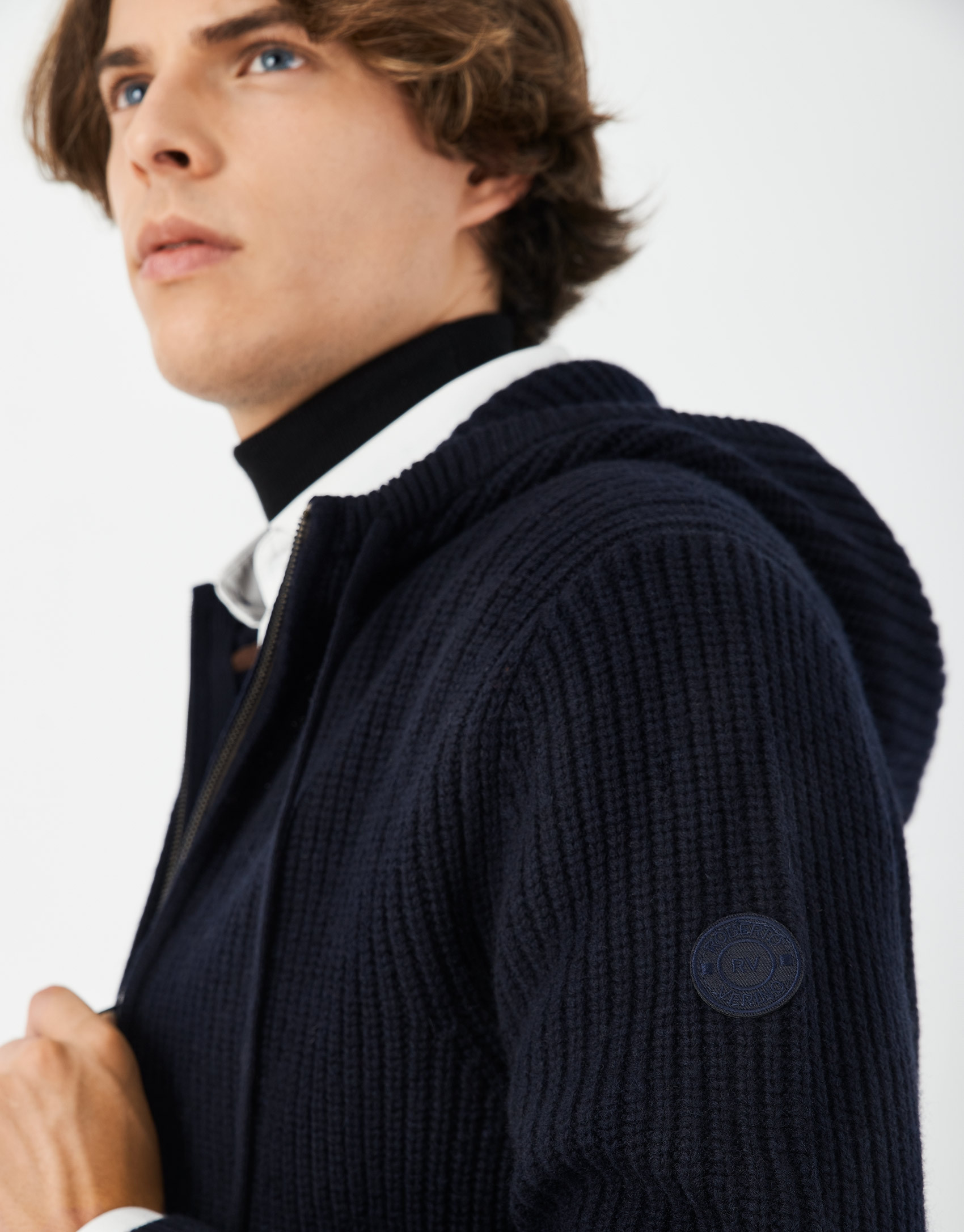 Navy blue jacket with hood and ribbing - Man | Roberto Verino
