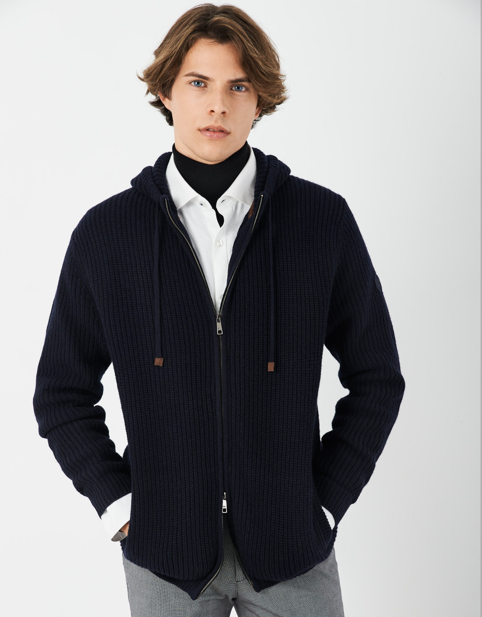 Navy blue jacket with hood and ribbing - Man | Roberto Verino