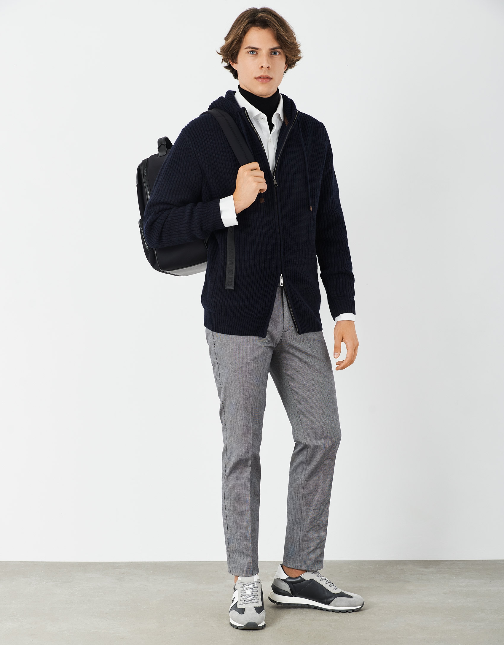 Navy blue jacket with hood and ribbing - Man | Roberto Verino