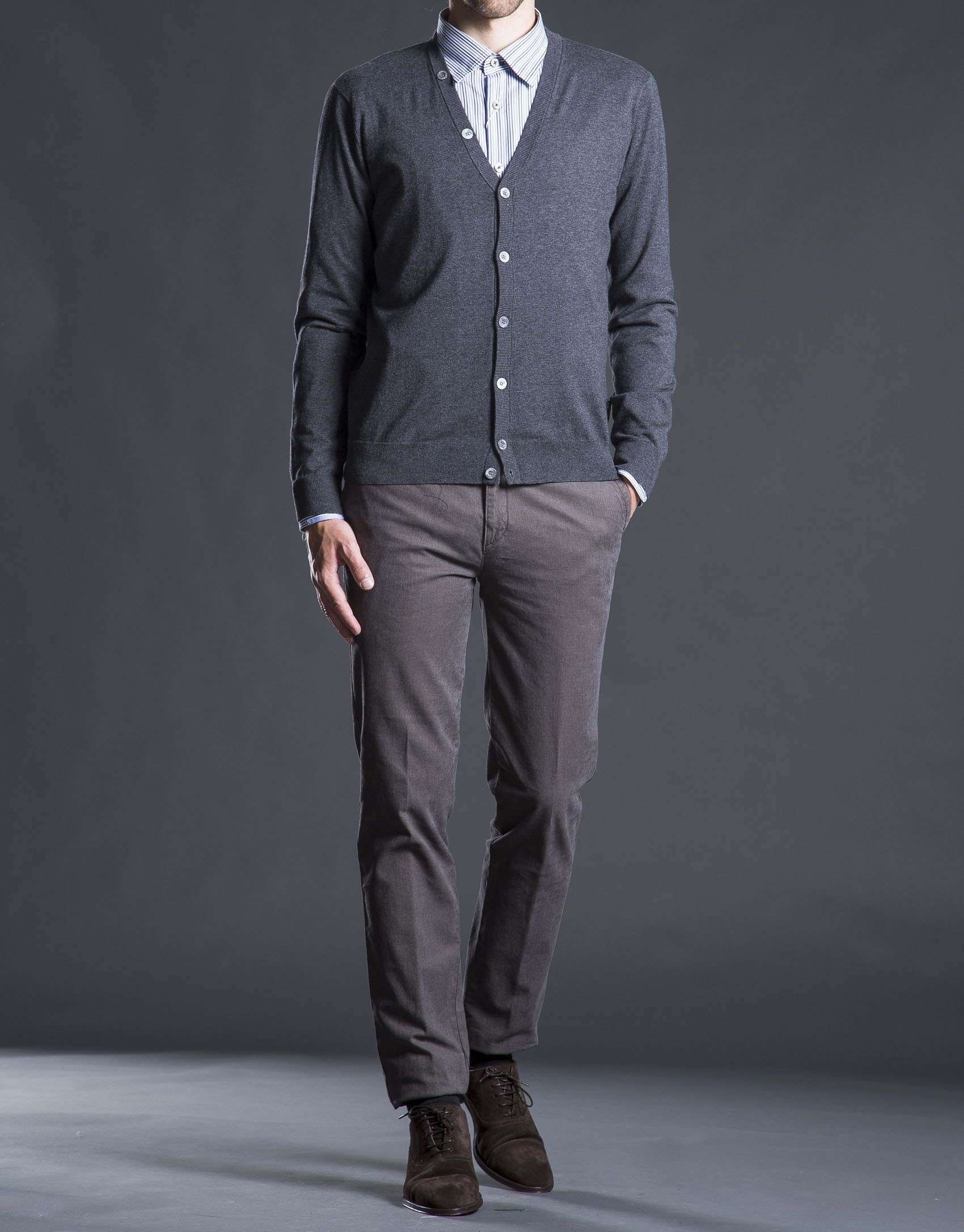 Gray knit cardigan with elbow patches
