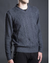Gray V-neck sweater with cable stitch design