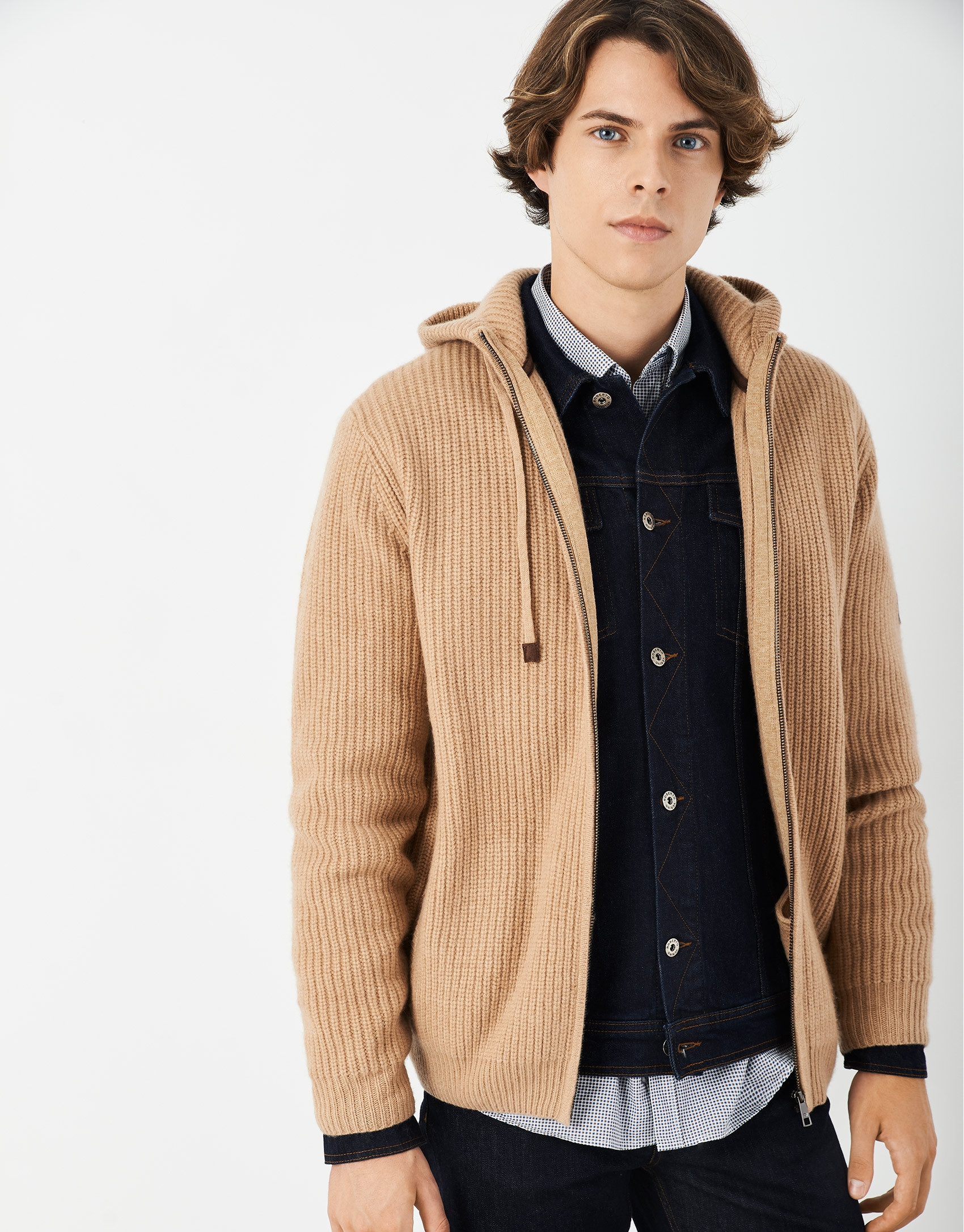 Camel jacket with hood and ribbing - Man | Roberto Verino