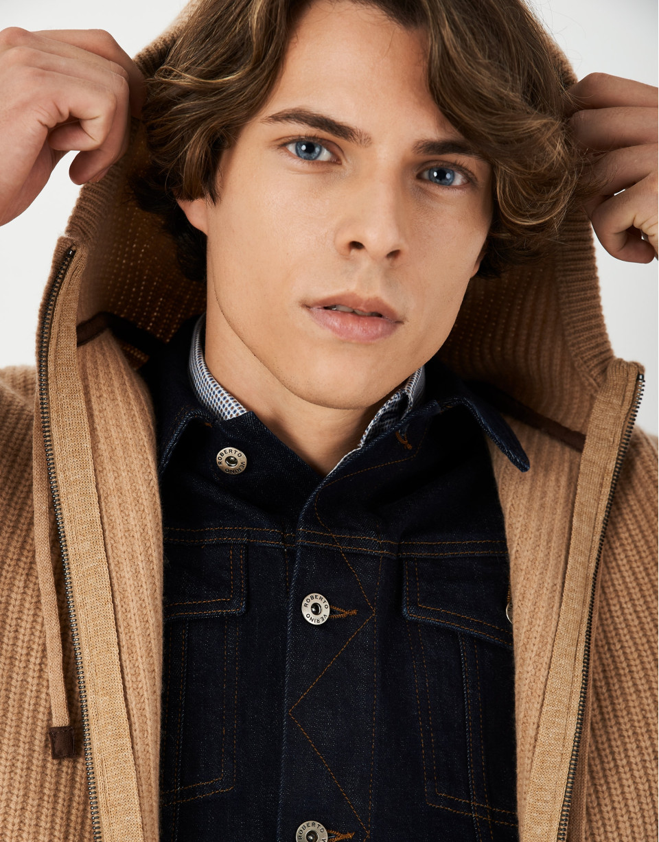 Camel jacket with hood and ribbing - Man | Roberto Verino