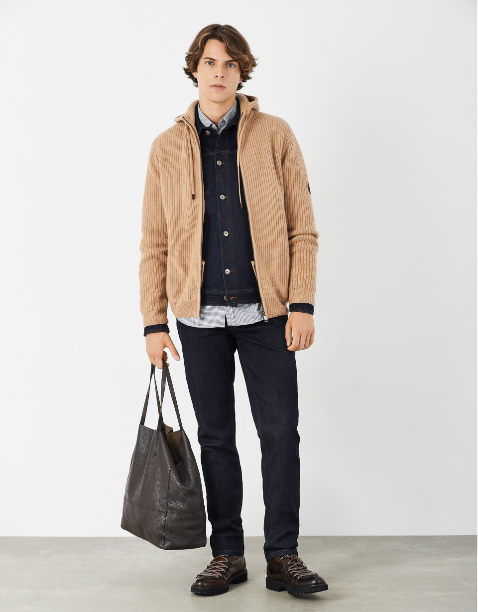 Camel jacket with hood and ribbing - Man | Roberto Verino