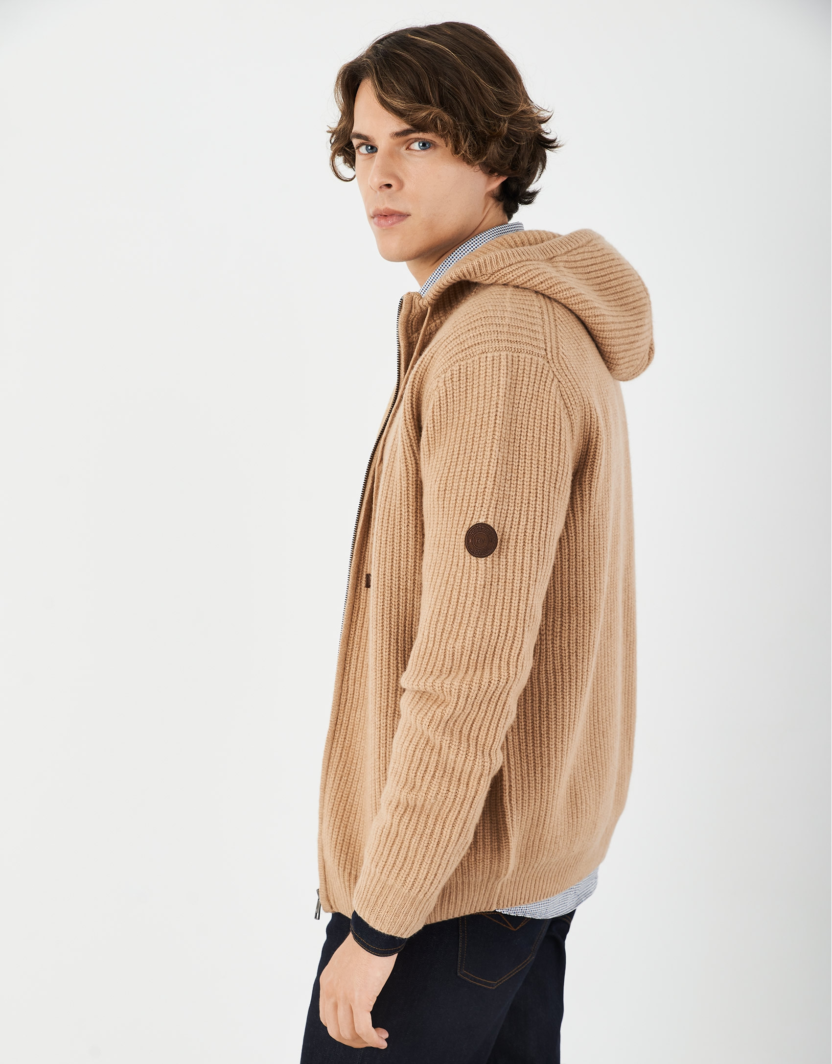 Camel jacket with hood and ribbing - Man | Roberto Verino