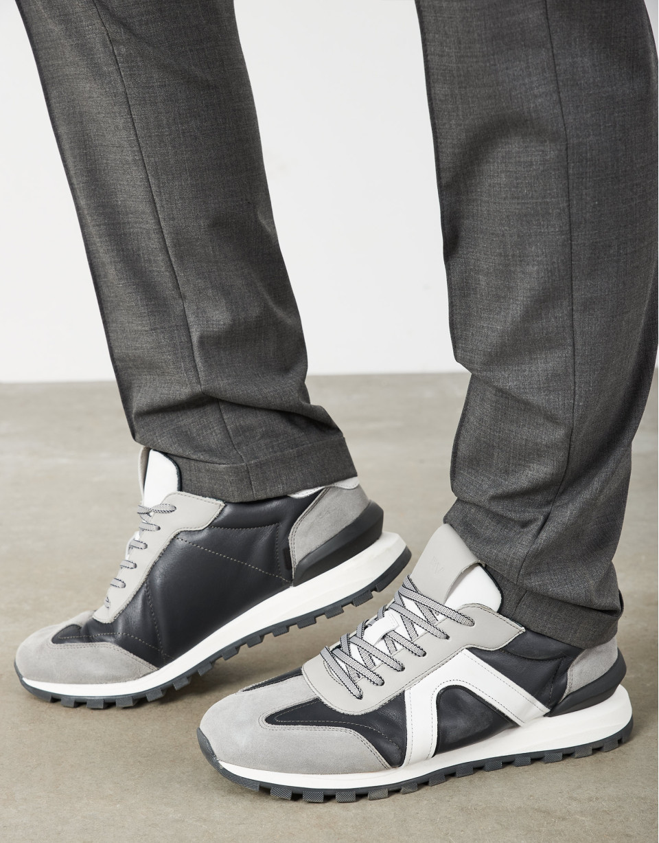 Gray leather running shoes