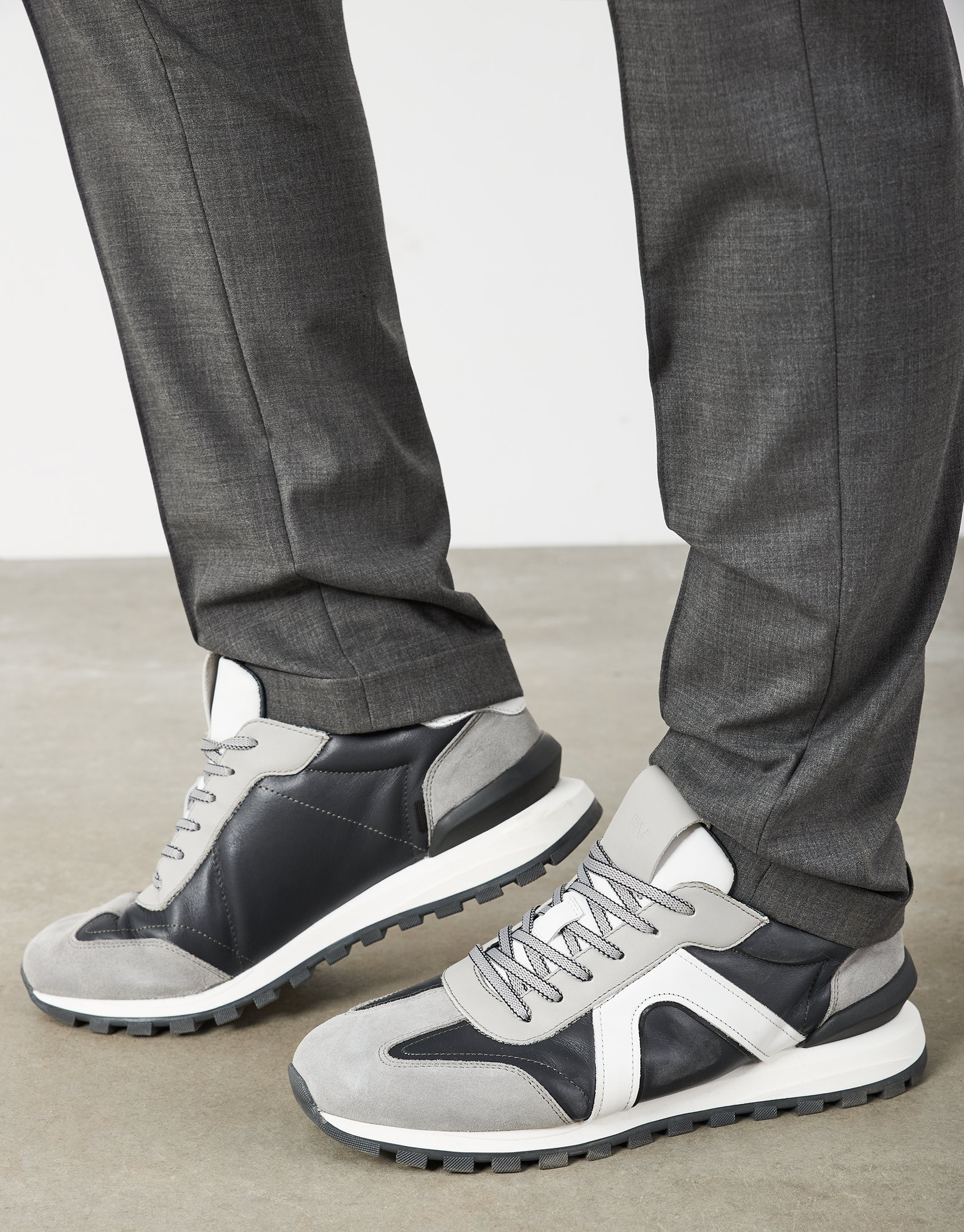 Gray leather running shoes