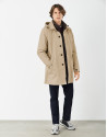 Sandy-colored minimal gabardine with brown windbreaker