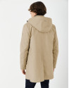 Sandy-colored minimal gabardine with brown windbreaker