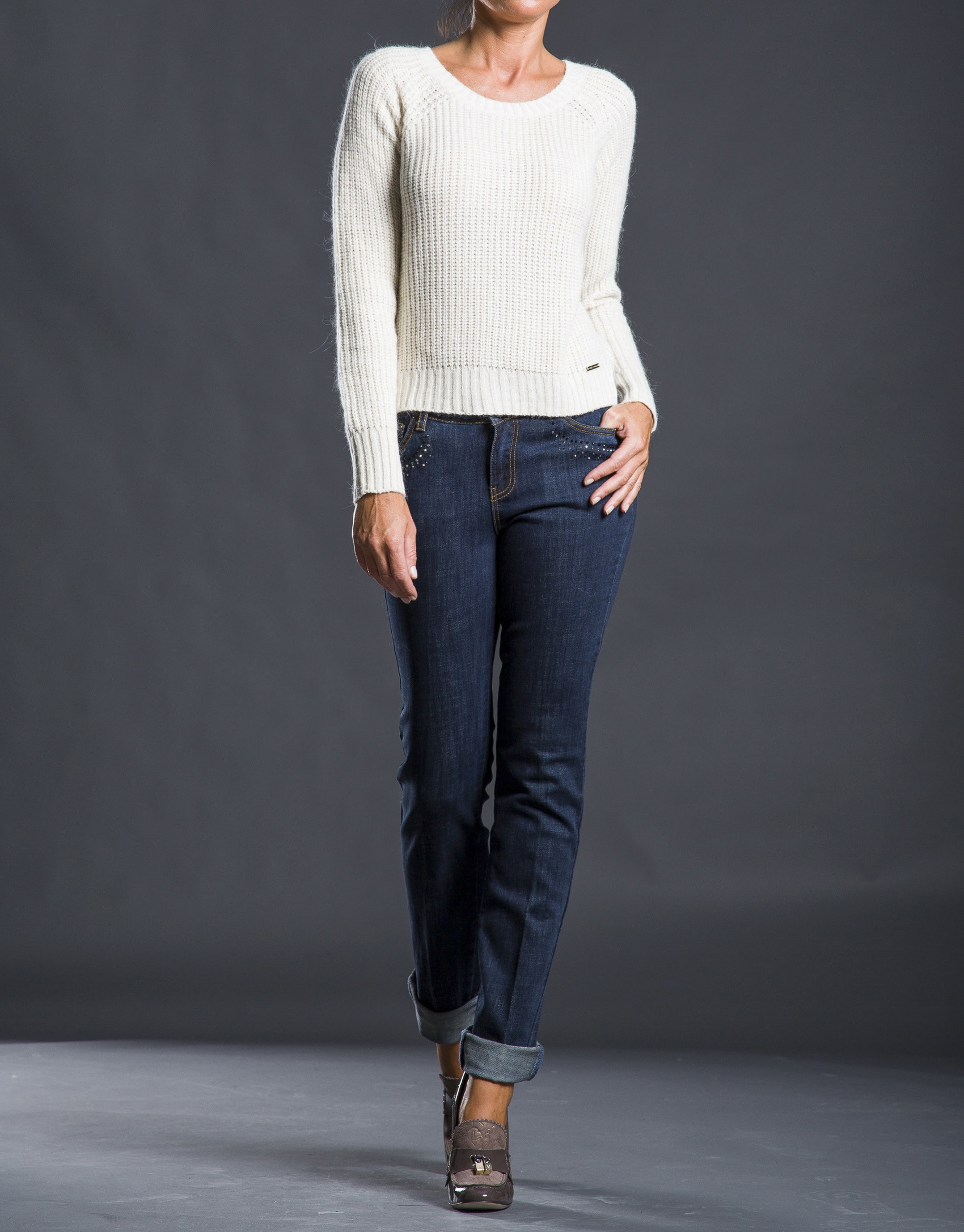 Beige knit sweater with trim 