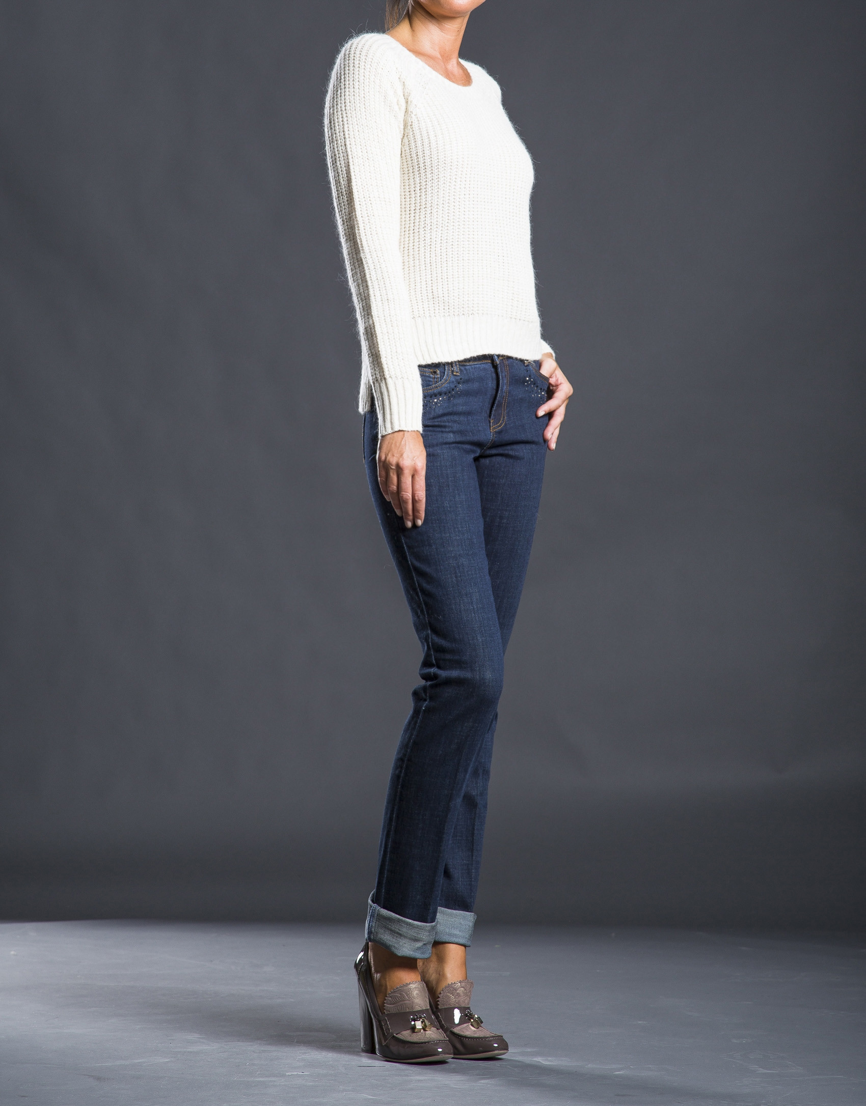 Beige knit sweater with trim 