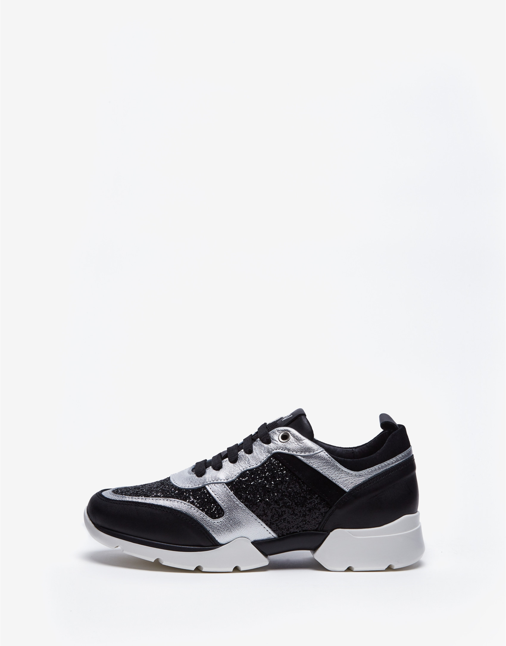 Gray leather and glitter running shoes