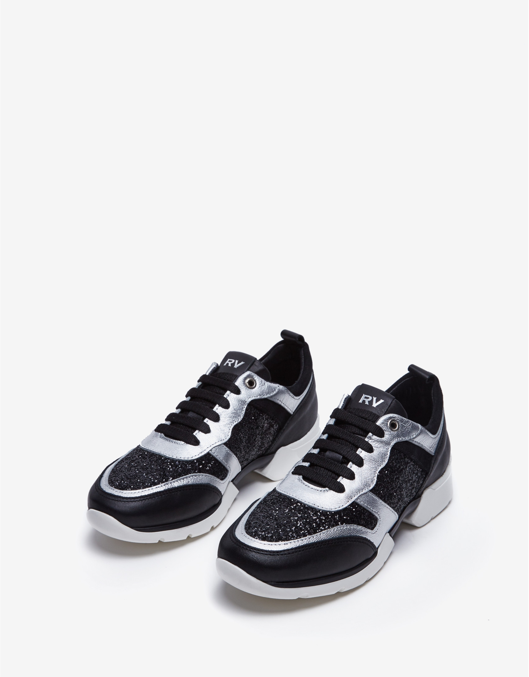 Gray leather and glitter running shoes