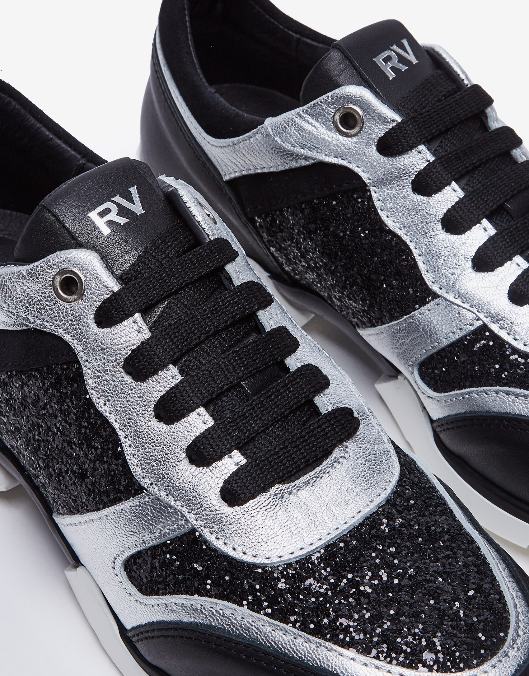 Gray leather and glitter running shoes